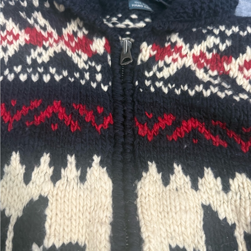 Polo by Ralph Lauren Navy Wool Hand-Knit Sweater with Cream & Red Details - Picture 3 of 6
